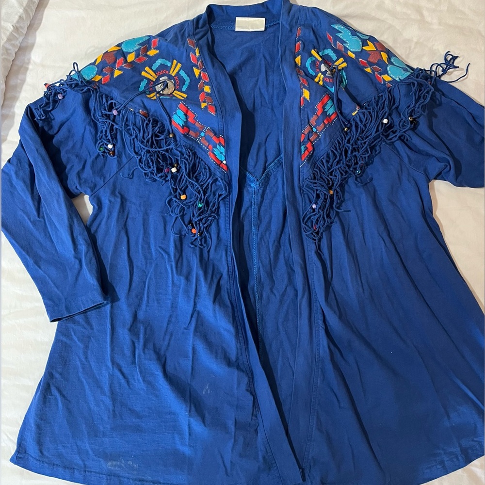 Loose fitting vintage western style cover up blouse with tassels and fringe